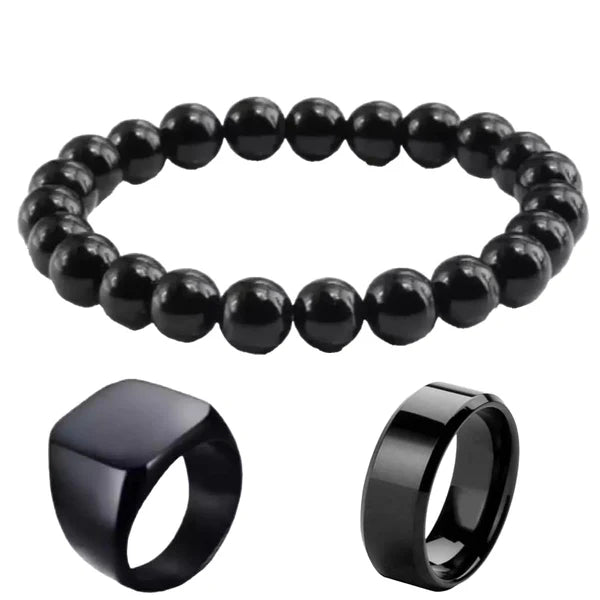 3 in 1 Men’s Minimalist Black Bracelet and Rings Combo