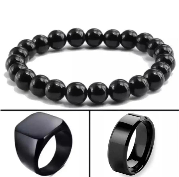 3 in 1 Men’s Minimalist Black Bracelet and Rings Combo