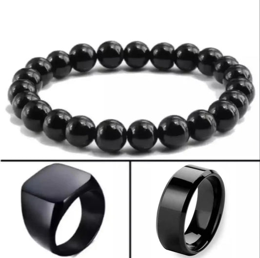 3 in 1 Men’s Minimalist Black Bracelet and Rings Combo